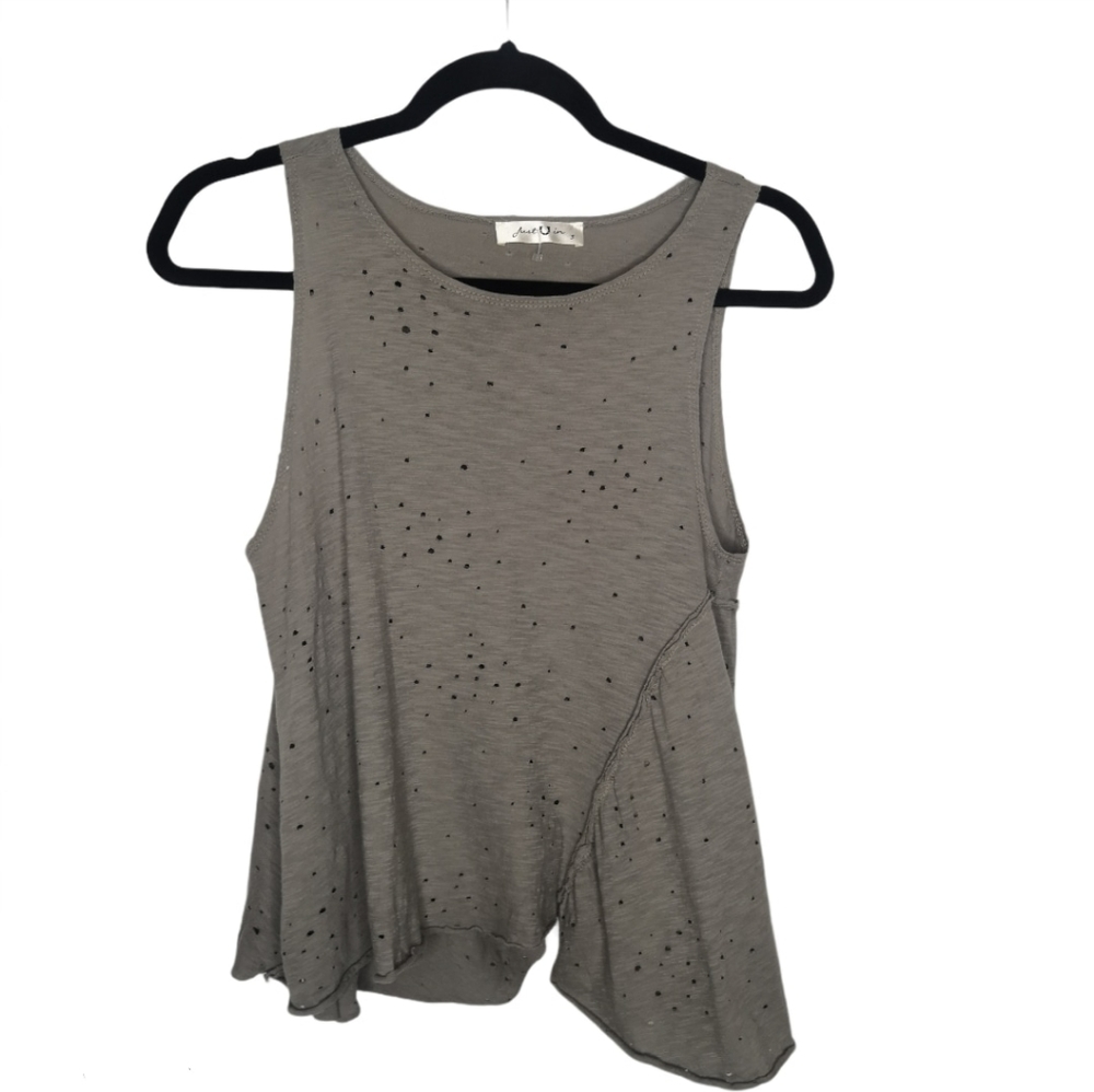 *Just U in Gray Distressed Ripped Boho Tank Top Rocker Biker Grunge Core Small